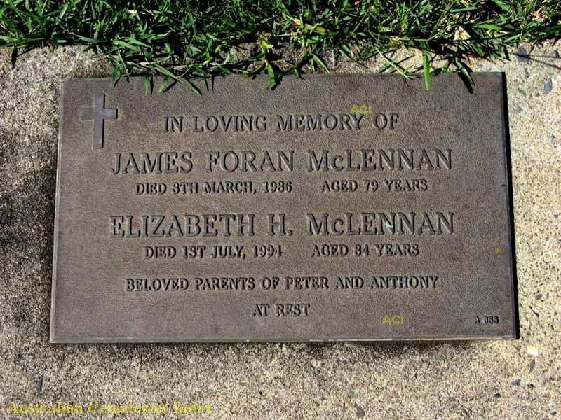 Photo of headstones/James Foran McLennan d1986 hdstn Grafton Lawn Cem